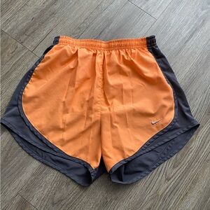 Nike Orange and Dark Gray Running Shorts with Silver Swoosh